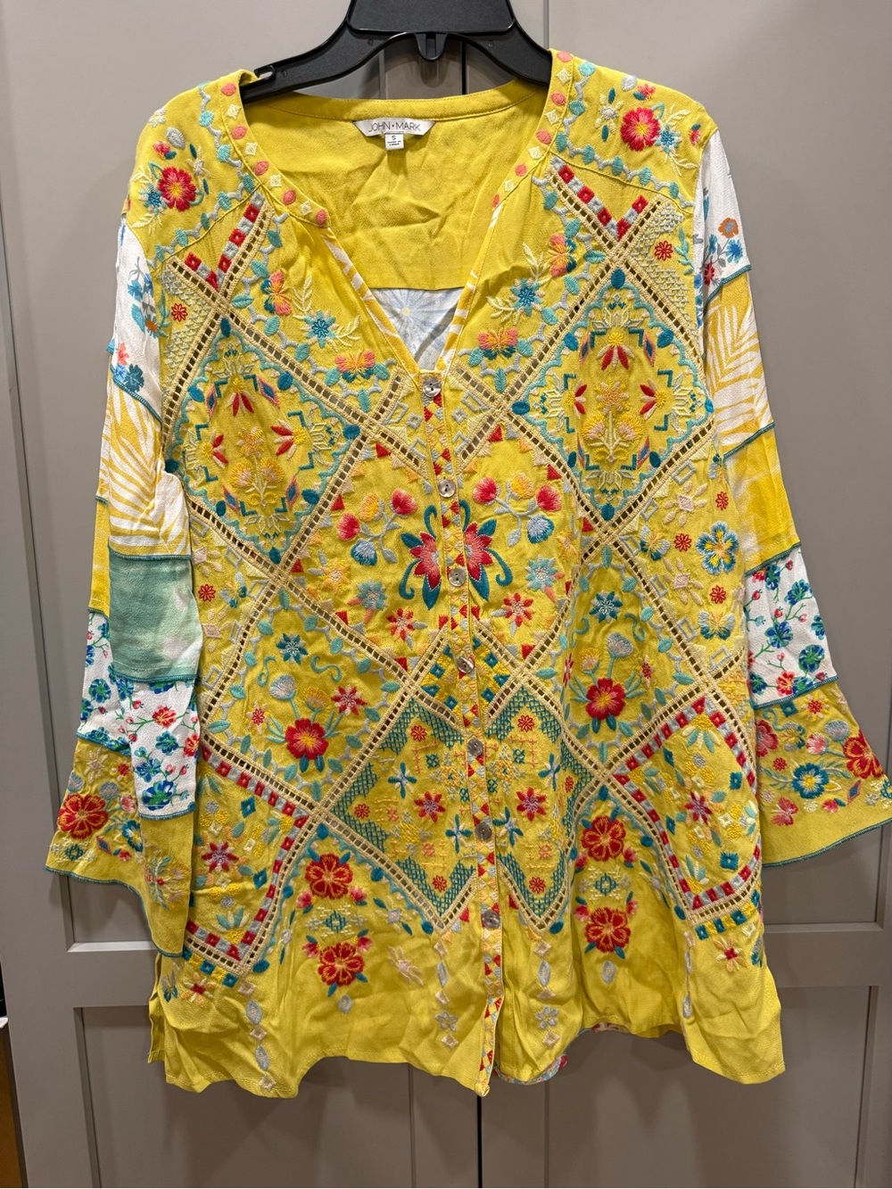 John Mark Yellow Embroidered Floral V-Neck Tunic